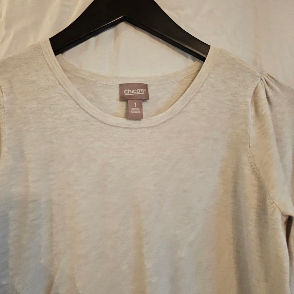 Chicos Oatmeal Beige Puff Shoulder Crew Neck Knit Sweater Size 1 Medium - Picture 2 of 8